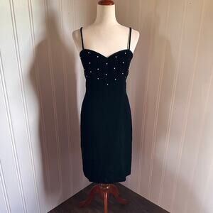 Vintage 80s/90s Goth Black Velvet Midi Dress 14